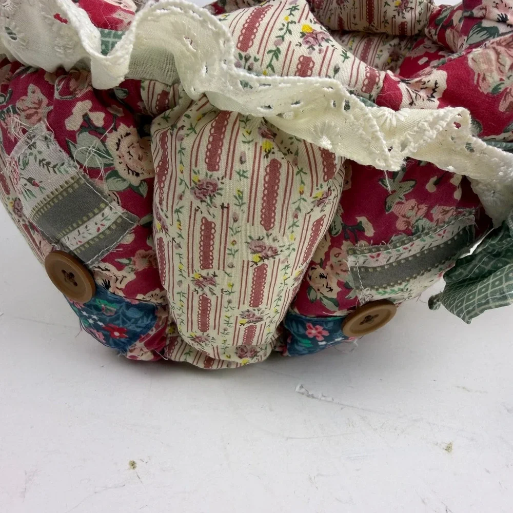 Handmade Quilted Patchwork Fabric Basket Floral Lace Button Country Cottage Red